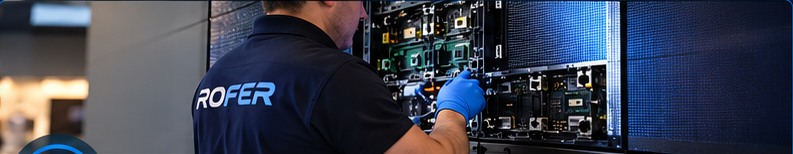 Técnico revisando una pantalla LED